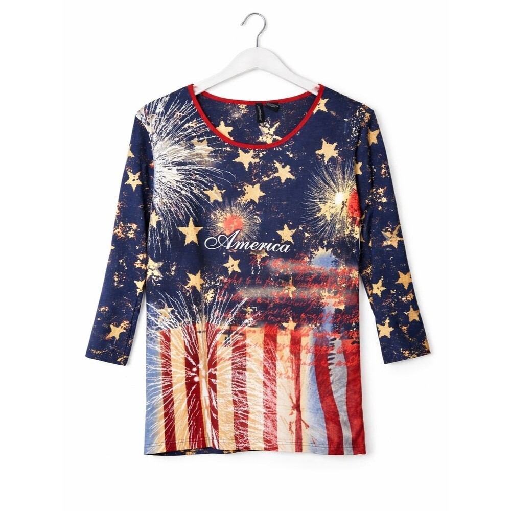 Jason Maxwell Vintage Patriotic Fireworks Rhinestone Americana 3/4 Sleeve Blouse